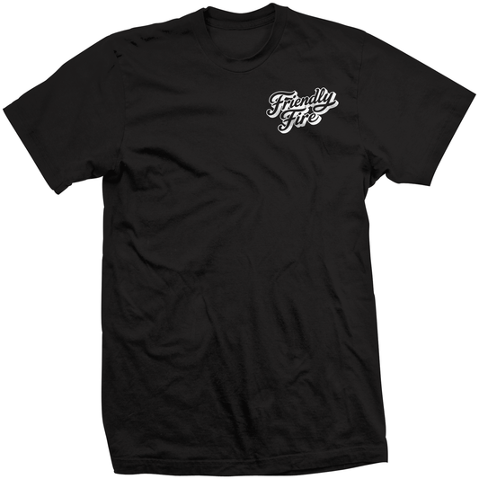 Duck Motherfucker black t-shirt with rifle graphic back print and left chest logo Friendly Fire Gun Club