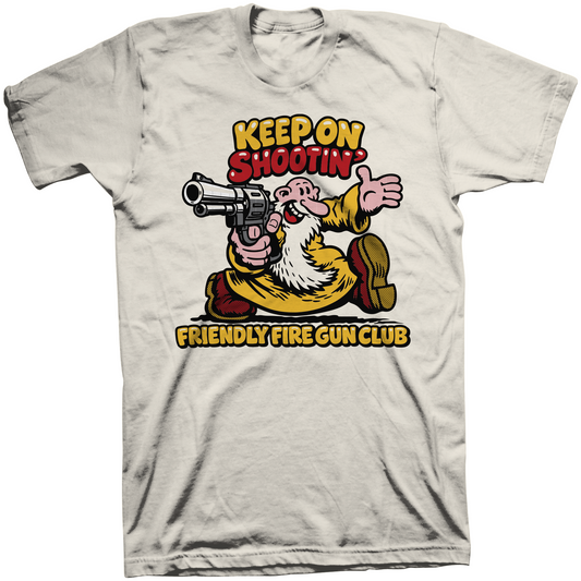 Keep On Shootin cream t-shirt with cartoon revolver graphic Friendly Fire Gun Club