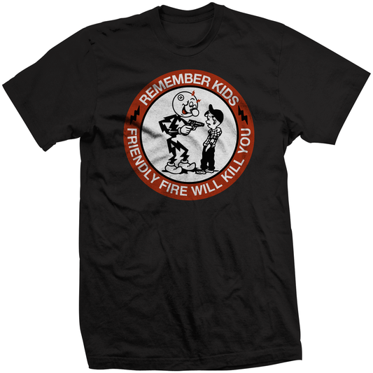 Remember Kids black t-shirt with vintage style graphic and gun illustration Friendly Fire Gun Club