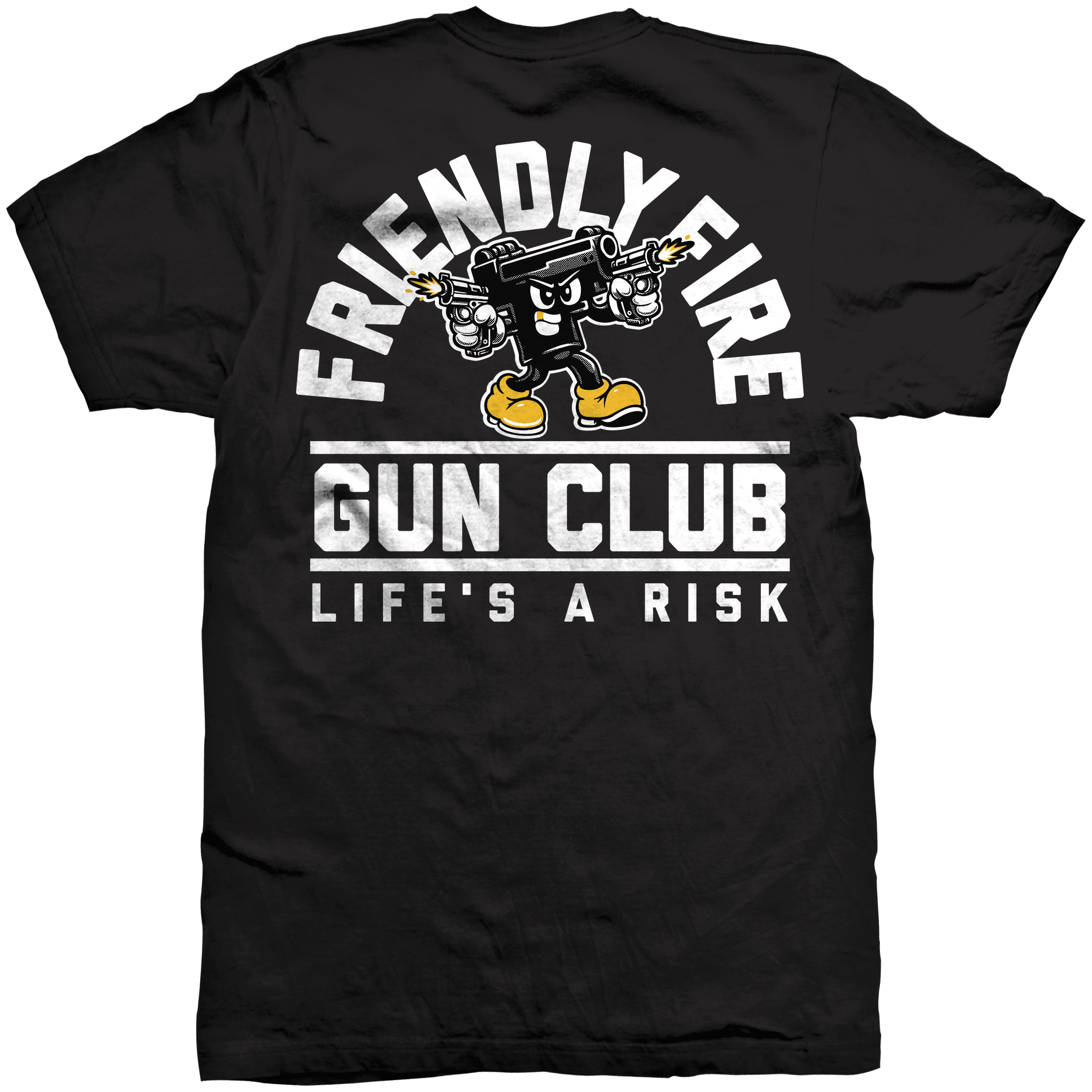 Life’s a Risk black t-shirt with Sparky mascot graphic back print and left chest logo Friendly Fire Gun Club