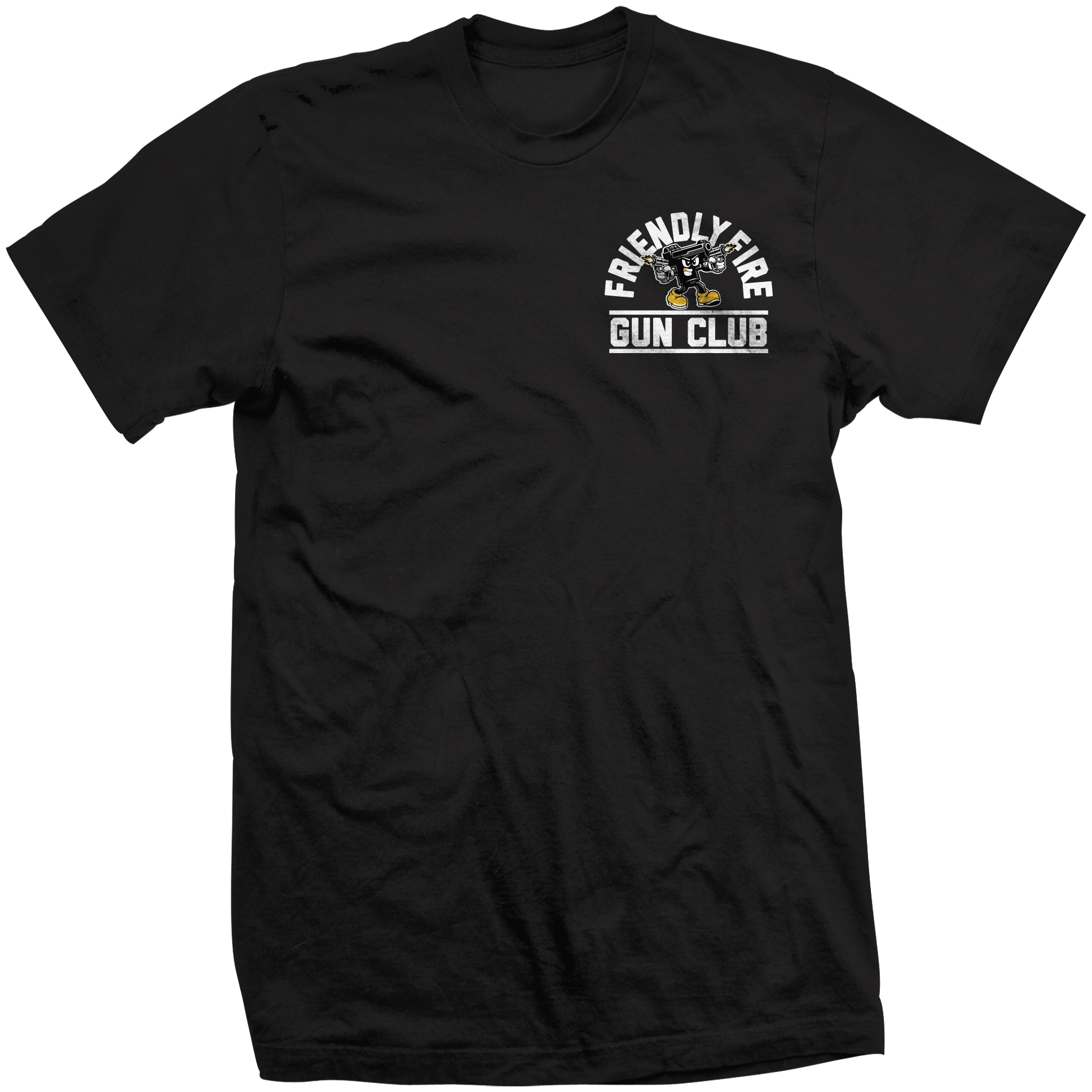 Life’s a Risk black t-shirt with Sparky mascot graphic back print and left chest logo Friendly Fire Gun Club