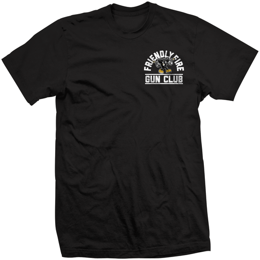 Life’s a Risk black t-shirt with Sparky mascot graphic back print and left chest logo Friendly Fire Gun Club