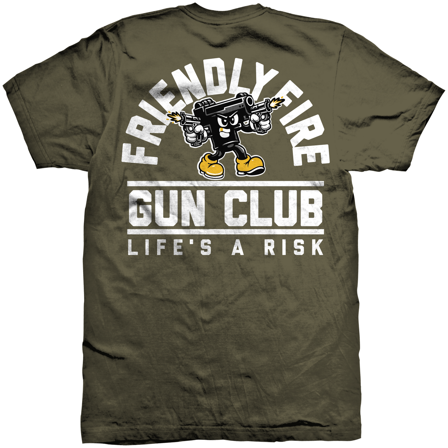 Life’s a Risk t-shirt by Friendly Fire Gun Club featuring Sparky mascot. OD Green cotton tee with large back print and left chest logo. Funny gun shirt with bold graphic style.