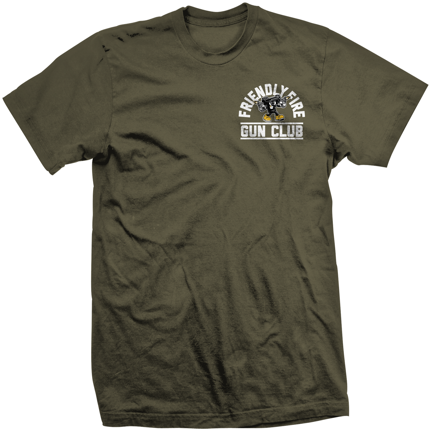 Life’s a Risk t-shirt by Friendly Fire Gun Club featuring Sparky mascot. OD Green cotton tee with large back print and left chest logo. Funny gun shirt with bold graphic style.