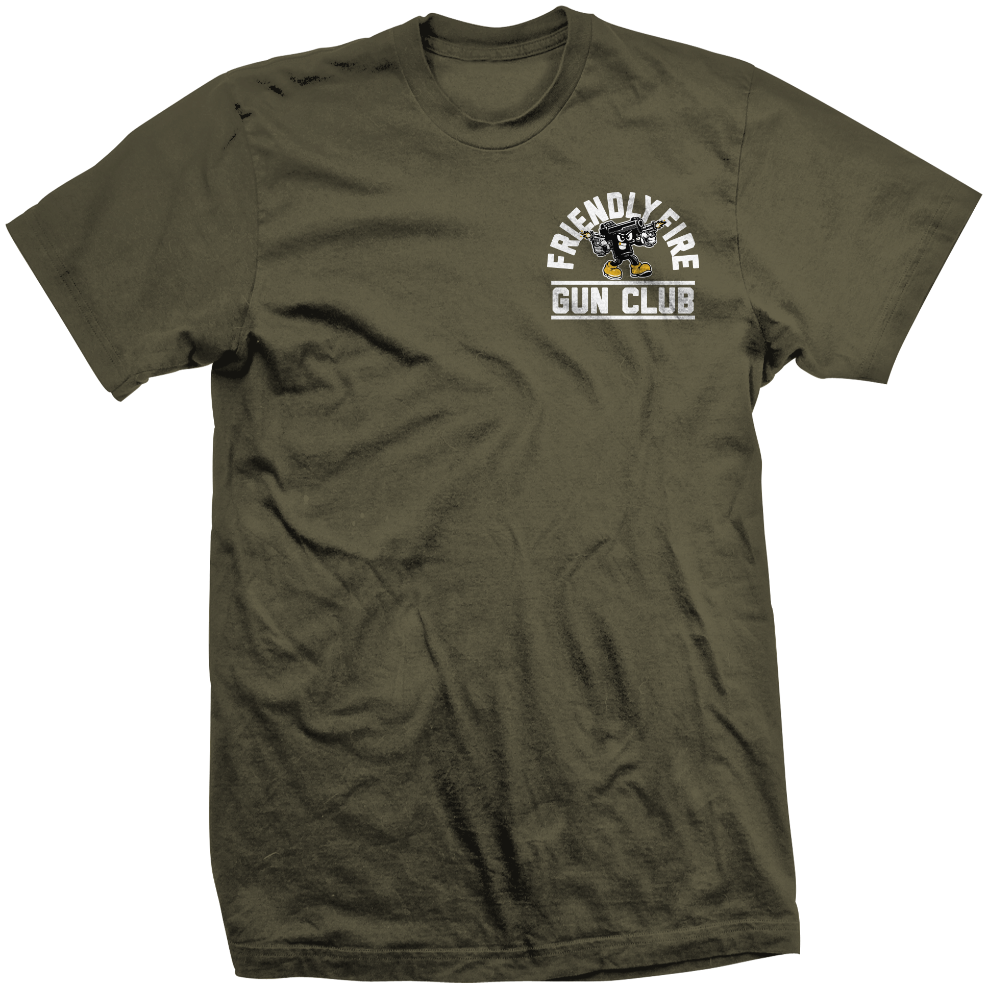 Life’s a Risk t-shirt by Friendly Fire Gun Club featuring Sparky mascot. OD Green cotton tee with large back print and left chest logo. Funny gun shirt with bold graphic style.